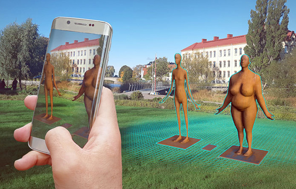 Gestaltande bild för att förklara konceptet med digitala verktyg. En mobiltelefon scannar två konstverk som egentligen står i Holland men som kan visas på plats i Mariestad.